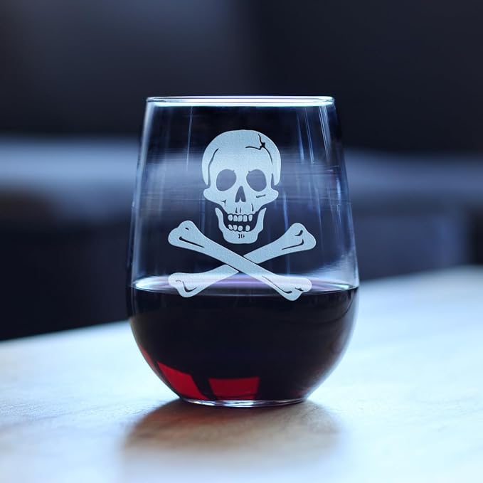 Bevvee Skull and Crossbones Stemless Wine Glass - Skull Decor and Jolly Roger Flag Gifts - Large 17 Oz Glasses - Image 2