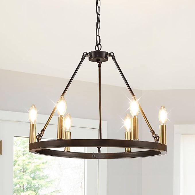 WJShome 20.7" Wagon Wheel Chandelier, Farmhouse Ceiling Light Fixture, 6-Light Black and Gold Chandeliers, Round Dining Room Light Fixtures, for Kitchen Island, Foyer, Entryway by SofaFurniture