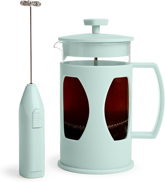 Tasty French Press and Frother Coffee Gift Set, Includes a 4.5-Cup Coffee Press and Battery Operated Handheld Milk Frother, Perfect for French and American Style, 2-Piece Set, Aqua
