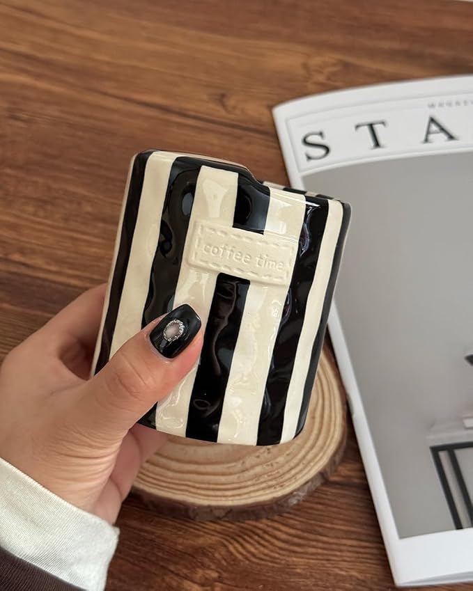 Coffee Mug Espresso Cup 10oz Ceramic Coffee Mugs Porcelain Coffee Cup Hand-Painted Striped Art Multiple Use for Kitchen, Dining-Black - Image 4