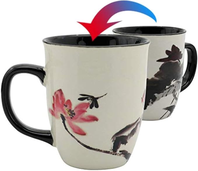 Funny Ceramic Magic Heat Color Changing Art Coffee Tea Mug Lotus Printing Porcelain Mugs for Women Personalized White Green Tea Cup 16 oz Large Coffee Mug for Mom Girl Grandma And Man by Asmwo
