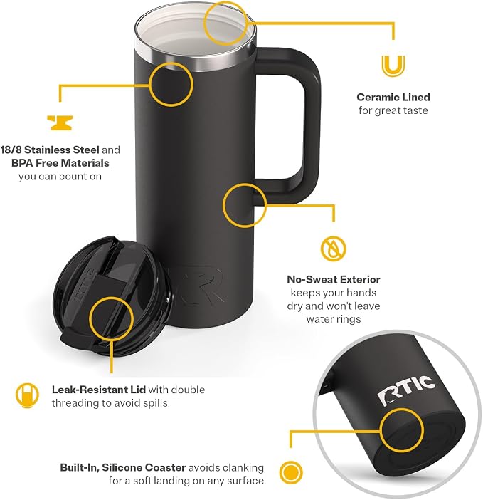 RTIC 20oz Road Trip Travel Mug with Lid and Handle, Ceramic Lined, Black | Stainless Steel Metal, Insulated Travel Cup for Hot and Cold Drinks, Coffee, Car, Camping and Travel - Image 3