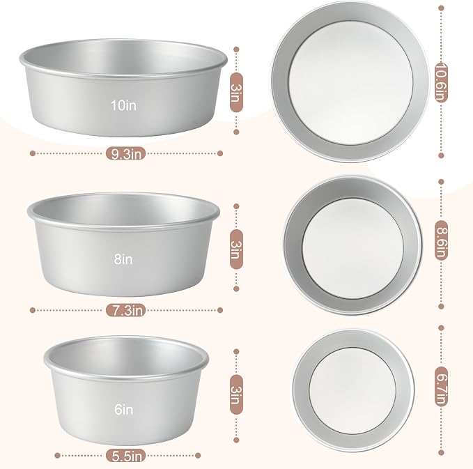 Round Cake Pan with Removable Bottom, Set of 3 (6 x 3 inch/8 x 3 inch/10 x 3 inch), Aluminum Baking Pans for Layer Cakes, Evenly Heating Tools for Home Kitchen, Tapered Side - Image 4