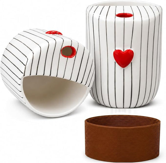 Ceramic Coffee Mug with Sip Hole, 12oz Striped Coffee Cup with Heart Accent, Cute Aesthetic Mug for Espresso Latte Cappuccino, Handmade Glazed Cup for Home Office Gift Use, Black by KOIMYSA