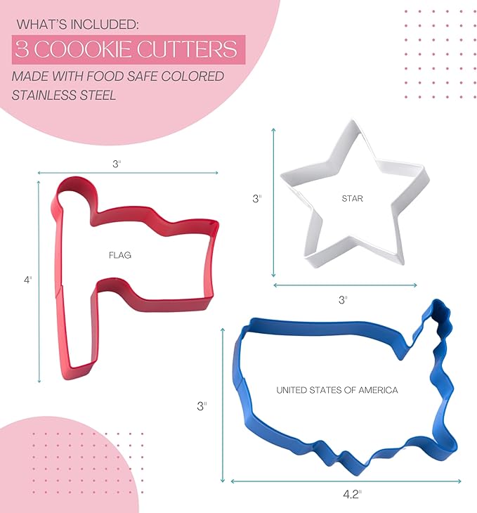 Cookie Cutter Kingdom, Patrioitic Cookie Cutters, 3 pack, Star, Flag, USA, 4th of July Cookie Cutters Shape, Memorial Day, Mold for Cakes Biscuits and Sandwiches (Patriotic 3 Pack)