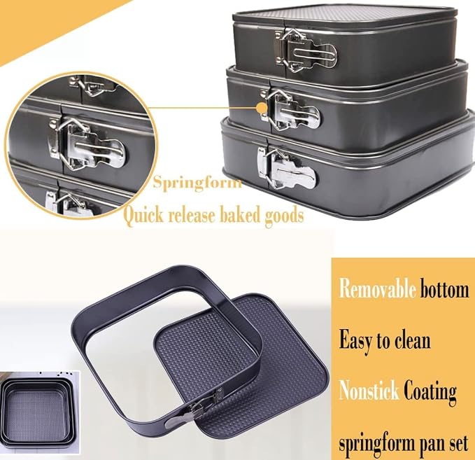 Cake Square Pan Sets for Baking + Cake Decorating Supplies: 4 Non-Stick Springform Pans Set (8.5,9.5, 10, 11 inches), Icing Tips, Cake Leveler – Multi-functional Leak-Proof CheeseCake Pan & eBook - Image 5