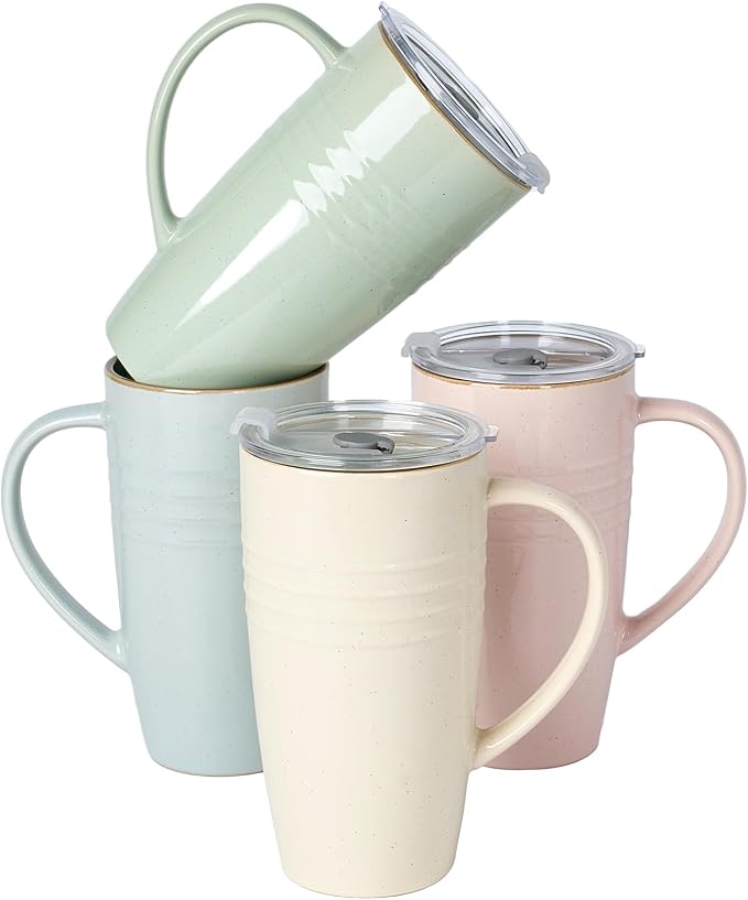 famiware Jupiter Large Coffee Mug, 20oz Coffee Mug with Lid, Ceramic Mugs Set of 2, Cup Set with Handle for Latte, Tea, Cocoa, Milk, Microwave and Dishwasher Safe, Multi-color by Famiware