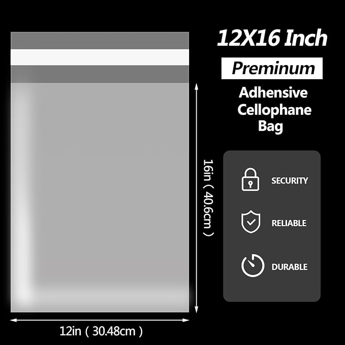 Nobranded 100 pcs Clear 12" x 16" Self Seal Cello Cellophane Bags Resealable Poly Plastic Bags 2.8 mils OPP Bag for Packaging Clothing, T Shirts, Party Decorative Gift - Image 3