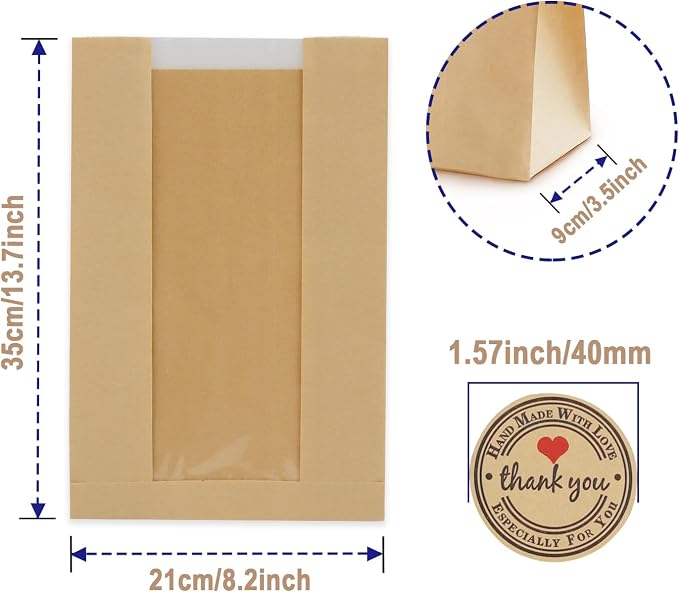 Pack of 35 Paper Bread Bags for Homemade Bread, Paper Bakery Bag for Baked Food Packaging Storage, Large Kraft Paper Bread Loaf Bag with Window Label Seal Sticker included Pack of 35,12.5x8.3x4 Inches - Image 3