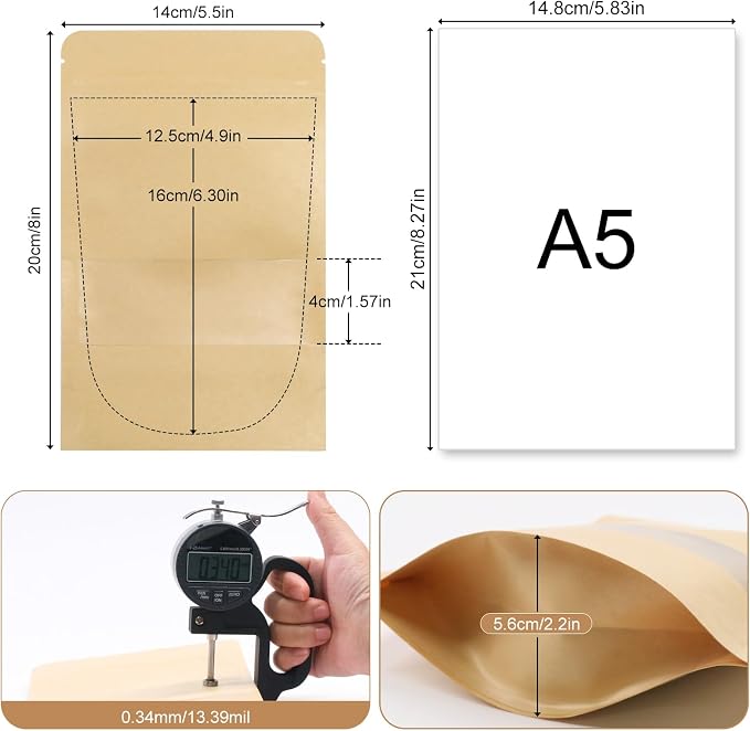 SumDirect Kraft Stand Up Pouches - 100Pcs Resealable Kraft Paper Stand Up Bags with Window, Self-Sealing Zipper Disposable Food Storage Bags for Home or Business (100, 5.5x7.8inch) - Image 2