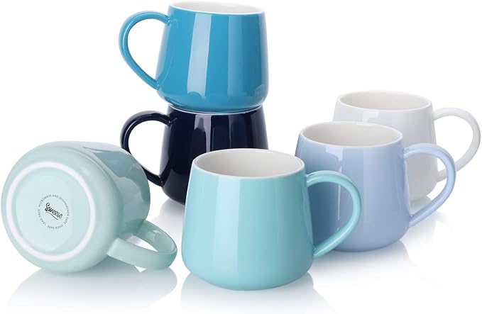 Sweese Porcelain Coffee Mugs Set of 6, 12 Ounce Coffee Cups with Handle for Coffee, Tea, Cocoa, Blue Assorted Colors Coffee Mugs with Modern Design for Great Gift Option, Microwave Safe by Sweese
