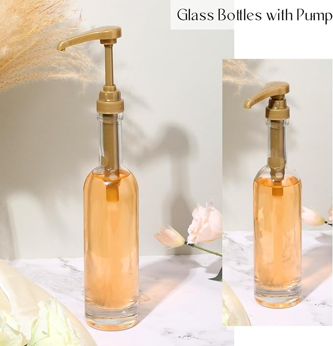 Baderke 8 Pack Glass Coffee Syrup Dispenser Bottles for Bar, 375ml Coffee Pump Dispenser, Glass Syrup Bottle with Pumps, Bar Accessories Clear Bottles(Gold)