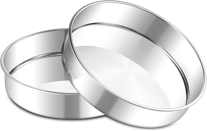 E-far 9 Inch Round Cake Pan, 2-Piece Stainless Steel Round Baking Mold Tins - Non-Toxic & Leak-Proof for Birthday Wedding Layer Tiered Cake, Easy Clean & Dishwasher Safe by E-far