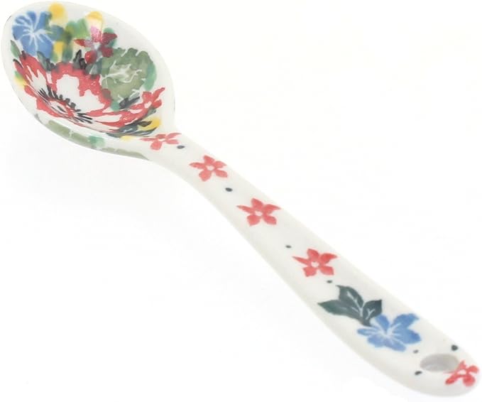 Blue Rose Polish Pottery - Red Hummingbird Sugar Spoon - 5.25" Long - Ceramic Teaspoon for Coffee, Tea, Sugar & Condiments