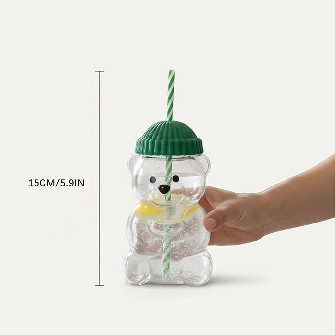 2025 New Bear Straw Glass Cup, 20oz Cute Glass Mug with Straws for Coffee, Juice, Milk and Tea, Leak-Proof Lid, BPA-Free (1 PC)
