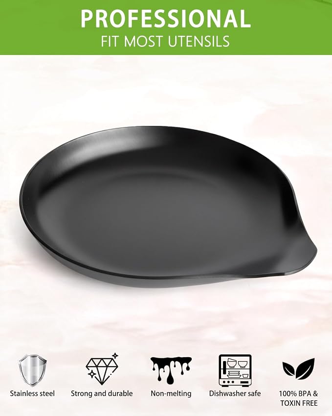 VanlonPro Stainless Steel Spoon Rest, Spatula Ladle Holder, Stainless Steel Utensil Spoon Rest Holder, Brushed Finish, Dishwasher Safe 5.9 x 5.1 Inch (Round Black 1PC) - Image 2