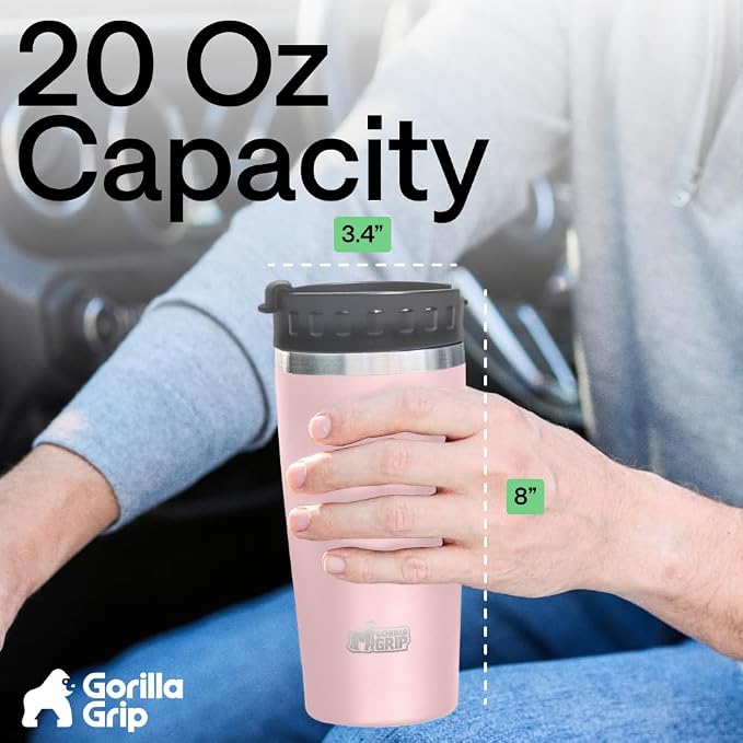 GORILLA GRIP 304 Stainless Steel Double Insulated Travel Coffee Mug, Leakproof Lid with Smooth Sip Top, Prevent Spills, Dent & Rust Resistant Reusable Tumbler Cup, Thermal Mugs for Drinks, 20oz, Pink - Image 6