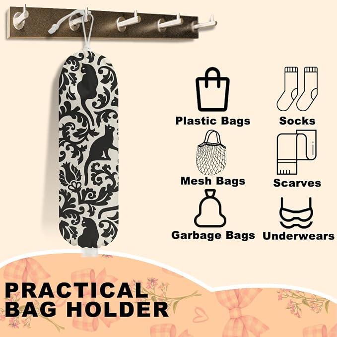 2Pcs Black White Floral Cat Plastic Bag Holder, Wall Mount Grocery Bag | Plastic Bags Storage, Mysterious Cats Reusable Grocery Bags Storage Dispenser for Home Kitchen Decor, Cat Lover Gifts - Image 3