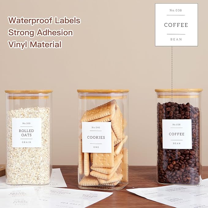 CZZGSM 3 Pack Square Glass Kitchen Storage Jars with Airtight Bamboo Lids and 132 Pantry Labels - 54oz Glass Canisters with Wood Lids - Food Storage for Sugar, Rice, Pasta, Cereal - Image 3