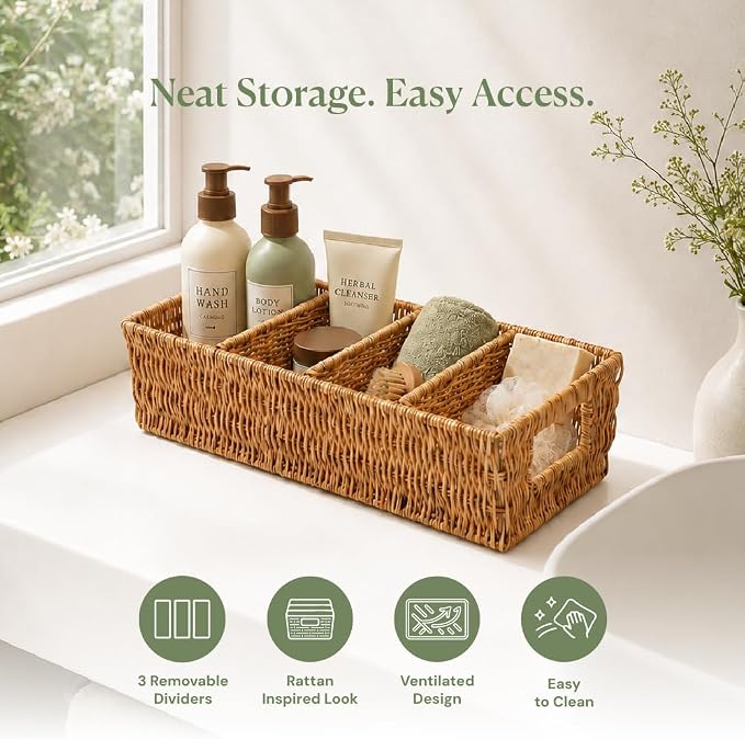 Nature-Inspired Rattan Pantry Organizer Baskets Set of 2 with 3 Removable Dividers – Handwoven Storage Bins for Kitchen or Bathroom Organization, Ideal for Snacks, Coffee & Tea (13” x 7.3” x 3.7”) - Image 3
