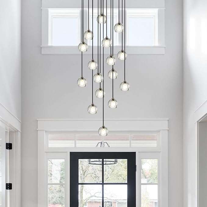 High Ceiling Foyer Chandelier, Brushed Black 16 Lights Crystal Staircase Chandelier, Modern Cut Pendant Raindrop Cluster Lighting Fixture for Entryway Living Room - Image 3