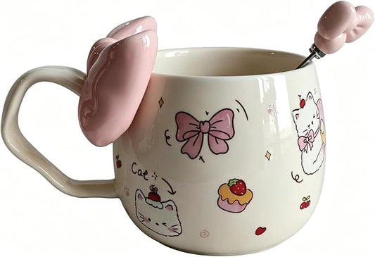 DTIUYIOP-Kawaii White Cute Cat Ceramic Coffee Mug with 3D Pink Bow & Bow Spoon, Curved Large Handle Kitty Tea Cup, Cute Aesthetic Gift for Girls Women Cat Lovers Birthday Christmas by Unknown