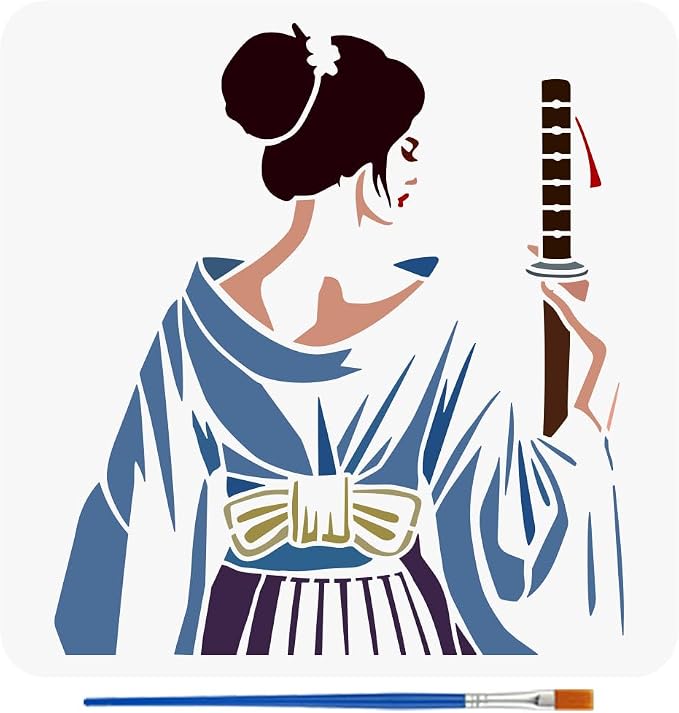 FINGERINSPIRE Eastern Samurai Woman Stencil with Paint Brush 11.8x11.8inch Reusable Swordswoman Drawing Template Female Samurai with Sword Pattern Stencil for Painting on Wood Wall Fabric Furniture by FINGERINSPIRE