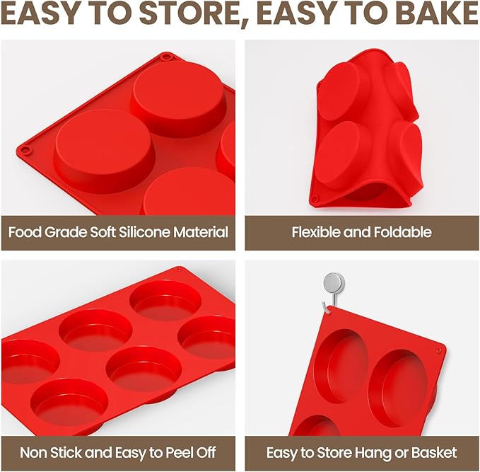 Redfly Silicone Egg Molds for Breakfast Sandwiches 3 Pcs, Non Stick 3 Inch Egg Bites Baking Pans, Silicone Muffin Pans for Baking, Round Muffin Top Pan for Whoopie Pie Pan, Tarts, Quiche