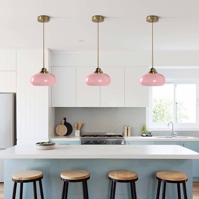 KCO Lighting Retro Pink Kitchen Pendant Light Mid Century Gold Hanging Light Vintage Dome Glass Pendant Light Small Globe Hanging Lights - Image 5