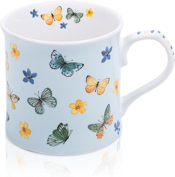 Colorful Butterfly & Floral Coffee Mug – 12 oz Premium New Bone China Blue Tea Cup, Elegant Ceramic Mug Gift for Women, Mom & Butterfly Lovers – Designed in England by Harvest Green Studio by MFoffice