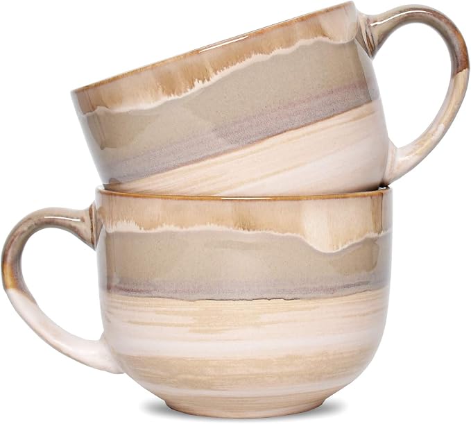 Bosmarlin Large Ceramic Coffee Mug Set of 2, Stoneware Jumbo Latte Mugs for Office and Home, 16 Oz, Dishwasher and Microwave Safe(Brown Grey, 2) by Bosmarlin
