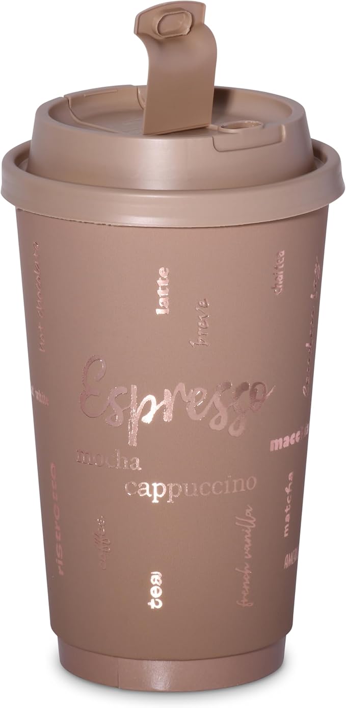 16oz Premium Disposable Coffee Cups, Double-Wall Insulated Paper Cups with Flip-Top Lids, No Sleeves Needed, To-Go Cups for Coffee, Tea, Hot Chocolate, Events, Rose Gold Print (Brown, 60ct)