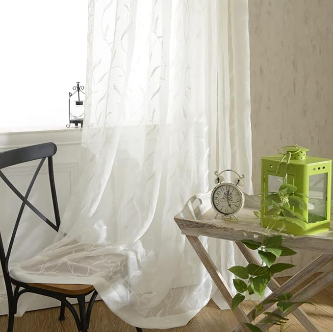 White Rod Pocket Sheer Curtains 102 inches Long Tassels Embroidered Window Curtain Sheer Voile Panels for Living Room & Bedroom, Set of 2 - Image 4