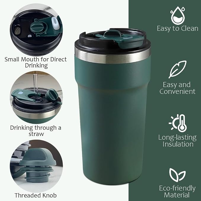 SPLMIFA Travel Coffee Mugs Leak-Proof, Reusable Coffee Cups with Lids, Stainless Steel Vacuum Insulated Coffee Tumblers, Thermal Insulation Cups for Men and Women Hot & Cold Drinks(4th-Green, 16OZ) - Image 2