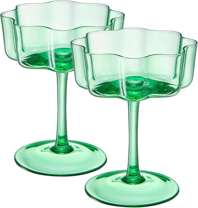 Flower Scalloped Vintage Wavy Petals Wave Glass Coupes 7oz Colorful Martini, Champagne & Cocktails, 2 Sage Green Set Amber Rippled Champagne Glasses, Elegant Bar Glassware, Aesthetic Coupe Glassware - Image 8