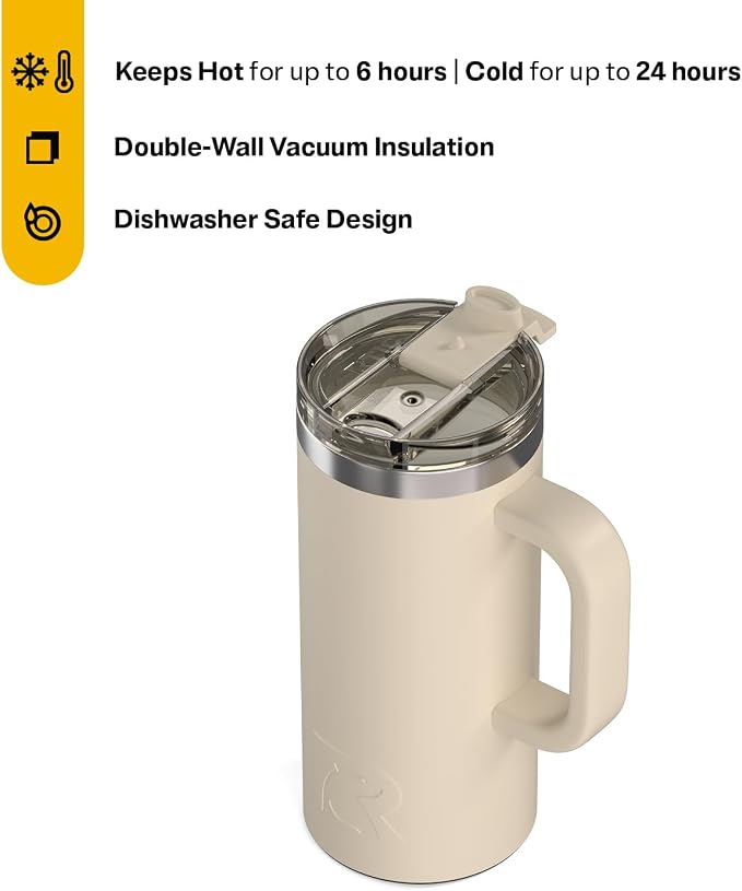 RTIC 16oz Road Trip Travel Mug with Lid and Handle, Ceramic Lined, Beach | Stainless Steel Metal, Insulated Travel Cup for Hot and Cold Drinks, Coffee, Car, Camping and Travel - Image 2