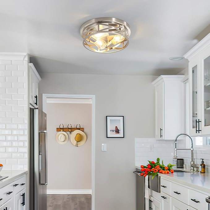 2 Pack Close to Ceiling Light Fixtures, 3-Lights Brushed Nickel Flush Mount Ceiling Light, 13 Inch Indoor Metal Cage Semi Flush Mount Ceiling Light for House Bedroom Laundry Hallway Kitchen - Image 6