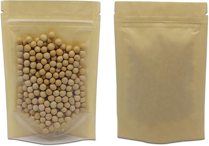 FERENLI 50 Pcs 6.3x9.4 inch Brown Kraft Paper Stand Up Food Bags | Kraft Paper, Clear Front, Resealable Zipper Lock, Doypack, for Spices Dried Food Storage Simmer Pots Packaging Supplies by FERENLI