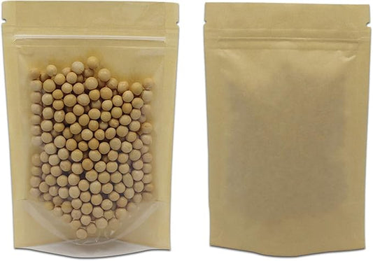 FERENLI 50 Pcs 6.3x9.4 inch Brown Kraft Paper Stand Up Food Bags | Kraft Paper, Clear Front, Resealable Zipper Lock, Doypack, for Spices Dried Food Storage Simmer Pots Packaging Supplies by FERENLI