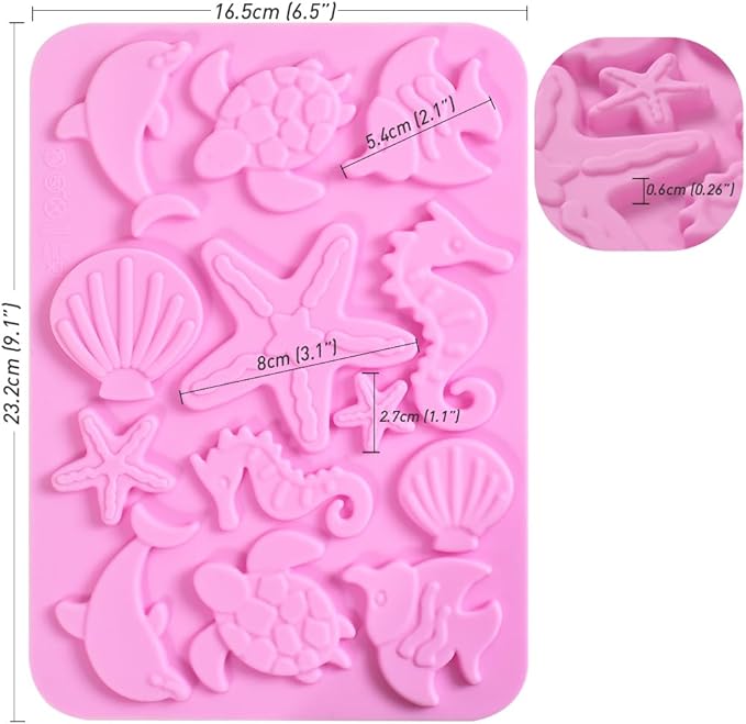 Newk Marine Themed Silicone Mold, Pack of 4, Seasell, Conch, Seahorse, Starfish, Tortoise Silicone Mold for Fondant, Hard Candy, Cake Decoration, Resin, Pendants