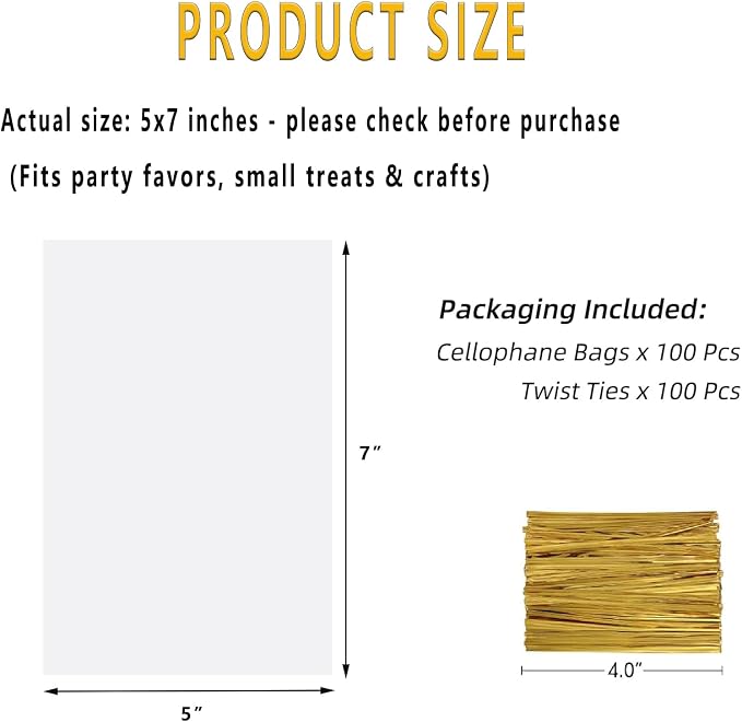 SUREHOME Cellophane Treat Bags 5x7 In 100 Pcs Individual Cookie Bags Small Plastic Clear Gift Bag with Ties for Gift Giving Birthday Party Favors Candy Snack Dessert Baked Goods Packaging - Image 8