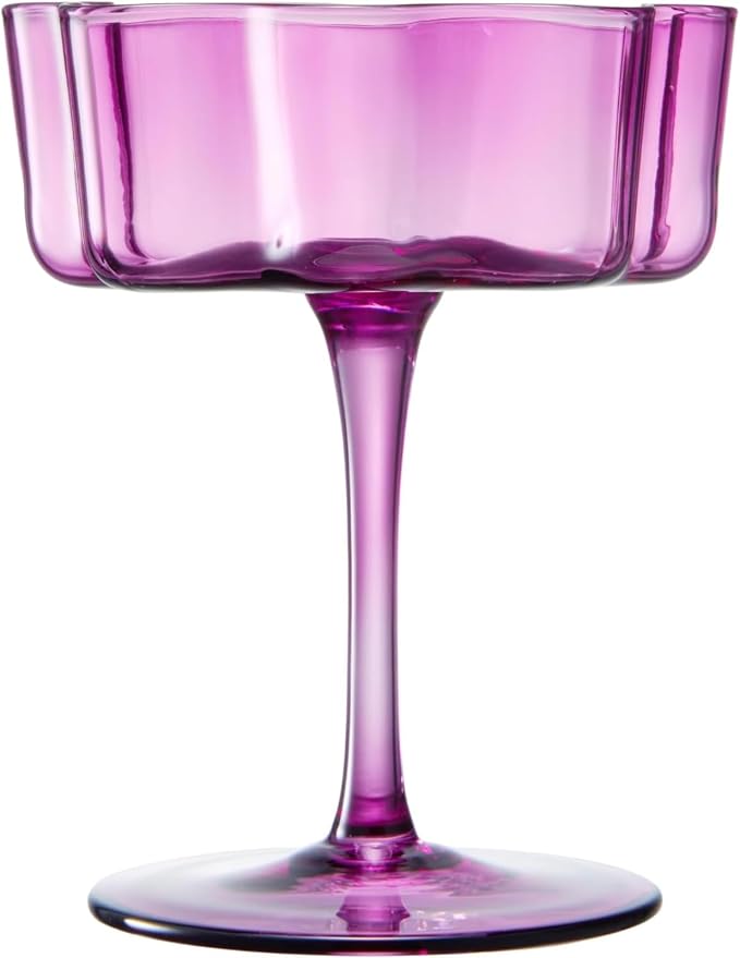 Khen Flower Vintage Wavy Glass Coupes Martini, Champagne & Cocktail Coupes - Set of 2-7oz Colorful Cocktail Glasses & Champagne, Prosecco, Mimosa Glassware Copyright Design - Amethyst Purple - Image 9