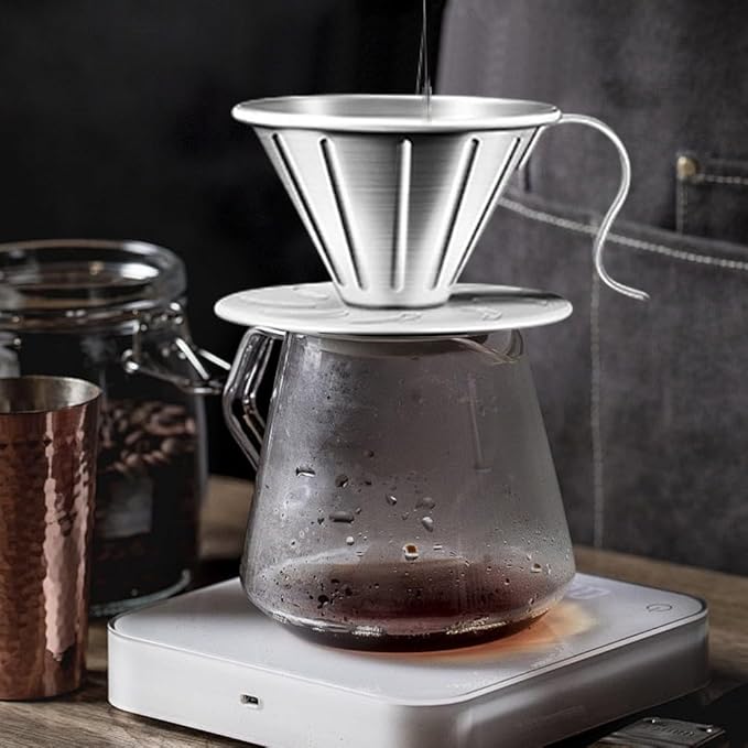 304 Stainless Steel Coffee Dripper with Holder, Reusable Pour Over Filter Cone for Mugs and Jugs, Food Grade Coffee Strainer Cup with Ergonomic Handle, Silver
