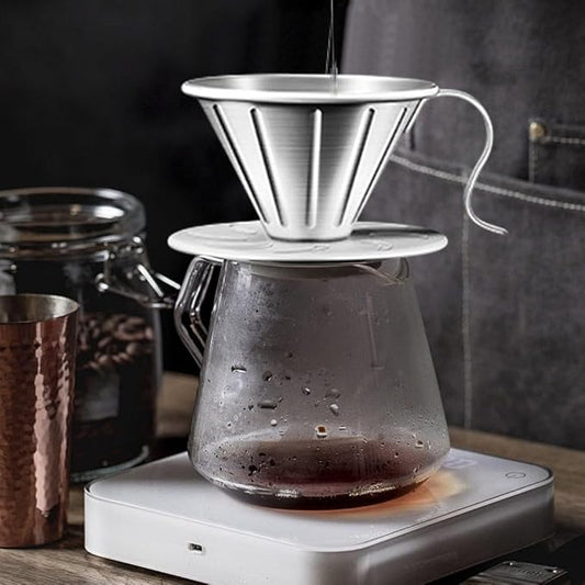 304 Stainless Steel Coffee Dripper with Holder, Reusable Pour Over Filter Cone for Mugs and Jugs, Food Grade Coffee Strainer Cup with Ergonomic Handle, Silver