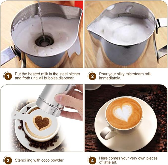 Milk Frother Handheld Coffee Art Set, Electric Coffee Frother with Milk Frother Pitcher, Powder Cocoa Shaker, Coffees Stencils, Coffees Spoons, Latte Art Pen