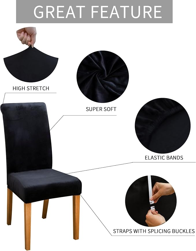 FORCHEER Velvet Chair Covers for Dining Chairs 4 Pack Black Stretch Kitchen Chair Slipcovers Washable Removable - Image 6