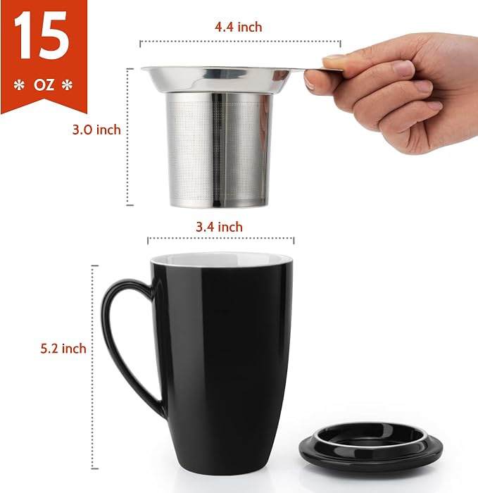 Sweese 15 OZ Porcelain Tea Mug with Infuser and Lid, Loose Leaf Tea Cup, Gifts for Tea Lover, Black - Image 2