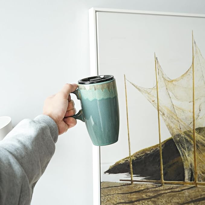 Bosmarlin Ceramic Travel Coffee Mug with Handle and Lid, 18 oz, Portable Coffee Cup for Car Cup Holder, Microwave and Dishwasher Safe, Reactive Glaze (Peacock Blue) - Image 6