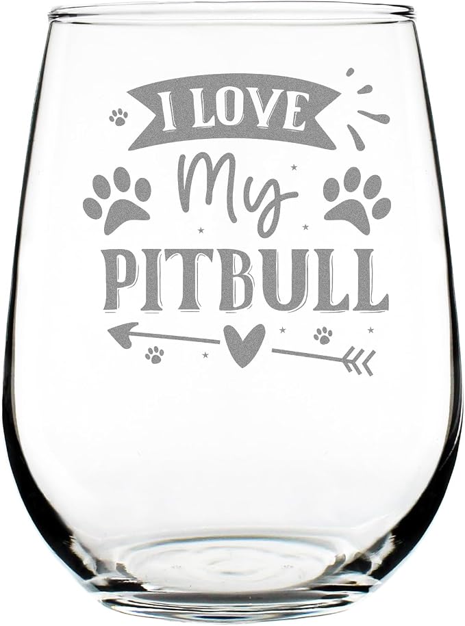 I Love My Pitbull 17oz Stemless Wine Glass, Hand Engraved Etched for Dog Mom, Lover, Unique Pet Owner Glassware by Make+Your+Mark+Design