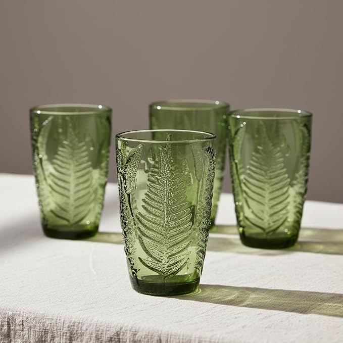 Green Drinking Glasses Set of 8, 12 oz Glass Cups, Vintage Fern Glassware | Hand-Pressed, Dishwasher Safe, Boho Leaf-Textured Drinkware, Embossed Highball Tumblers for Water, Retro Kitchen Gift - Image 2